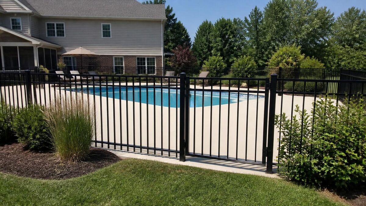 A black aluminum picket fence with a gate around a backyard in-ground swimming pool