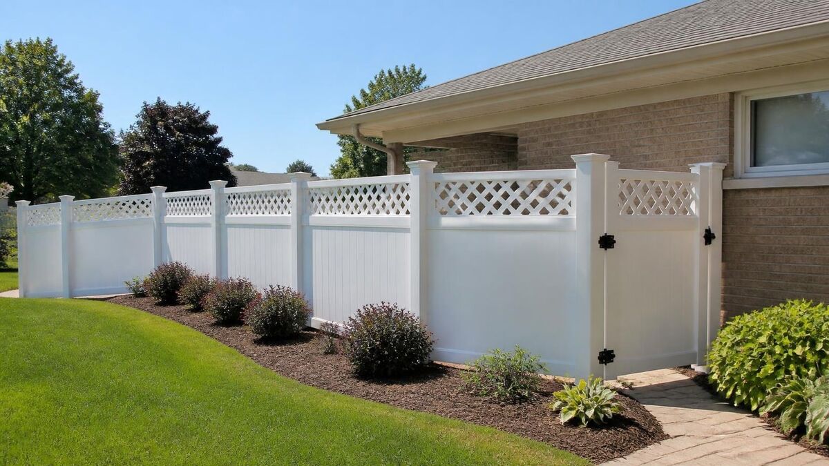 A white vinyl privacy fence with a lattice top and matching walk gate beside a brick ranch house